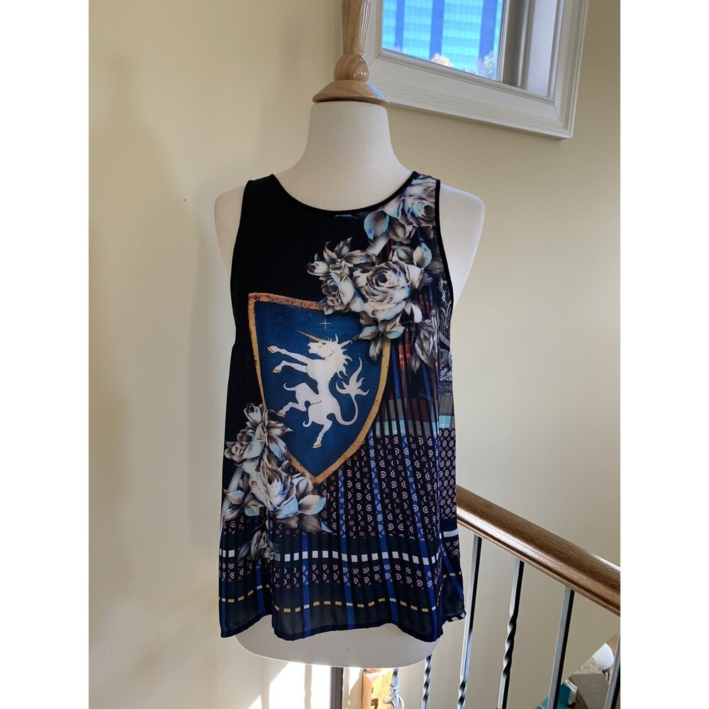 Clover Canyon Women's Sleeveless Top Black & White Print Unicorn Royal Small